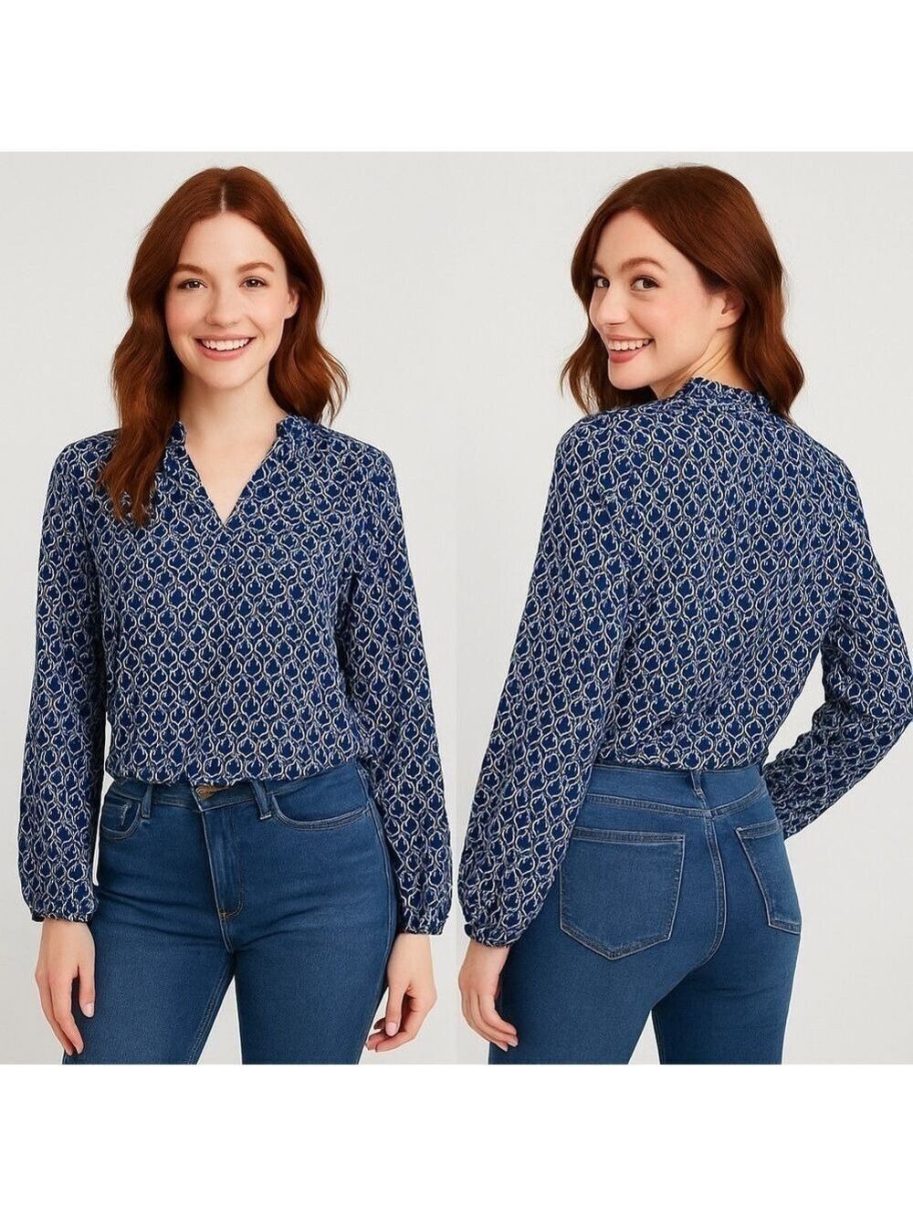 ✨ SHEIN Navy & White Geometric Print Blouse – Size Small ✨